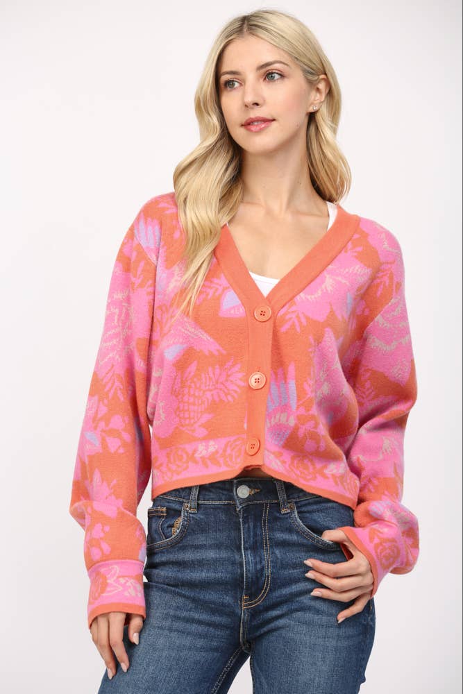 ORANGE MULTI FLORAL PATTERN BUTTON CLOSURE CROP CARDIGAN FW15451 for wholesale on Faire1