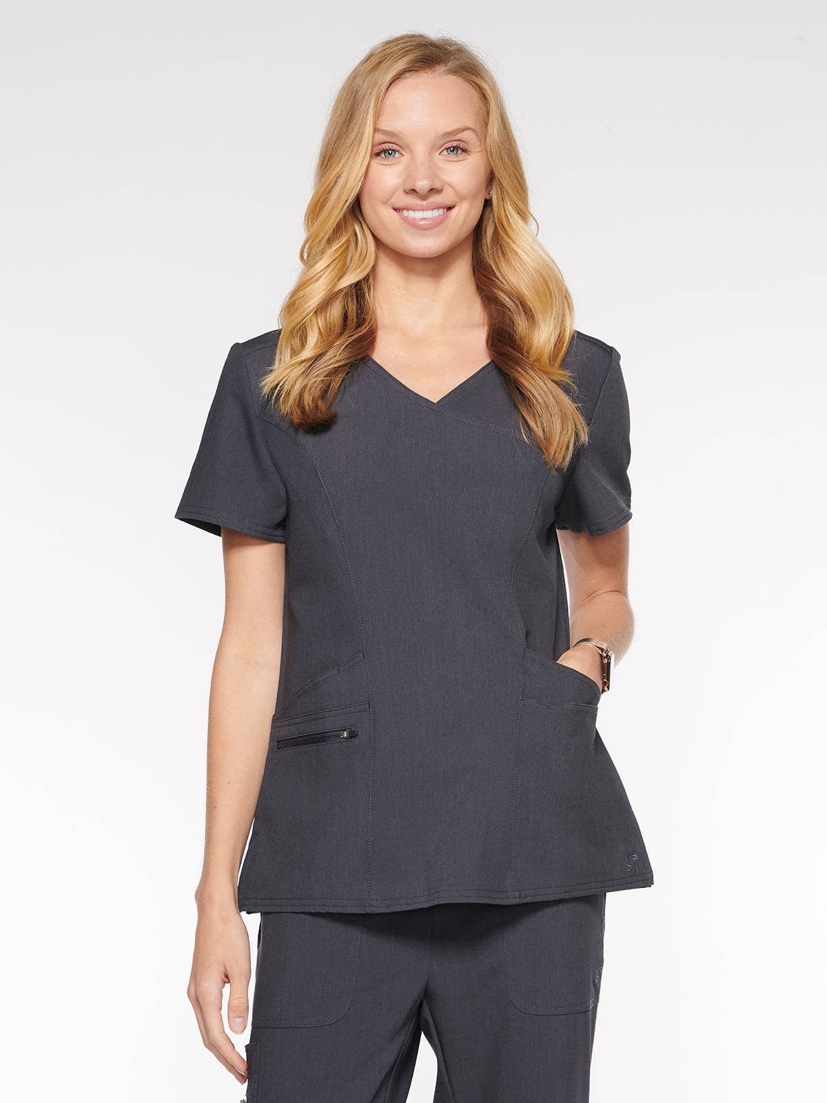 Aura Naturale – Großhandel Medizinische Berufsbekleidung – Damen – Korallenrote Damen-Mock-Wrap-Scrub-Top mit 6 Taschen (94003)