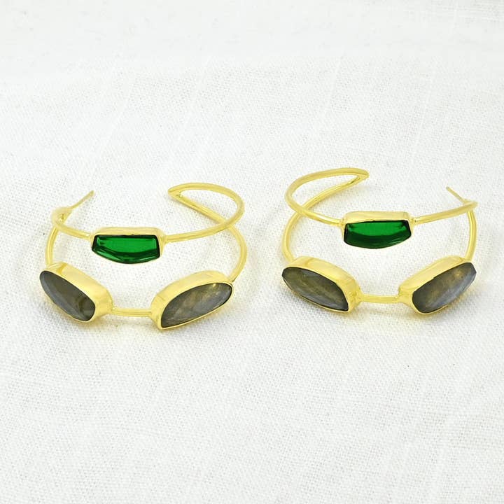 Lyra Hoop Earring Gold - Labradorite & Green Tourmaline for wholesale by Schmuckoo Berlin