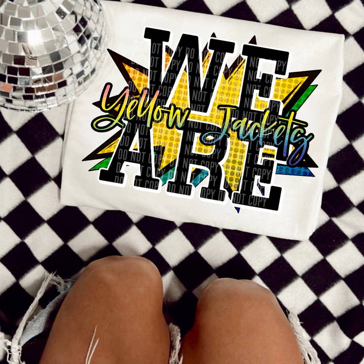 We Ares Jaquetas Amarelas Comic Mascot DTF Transfer por atacado de K and M Designs