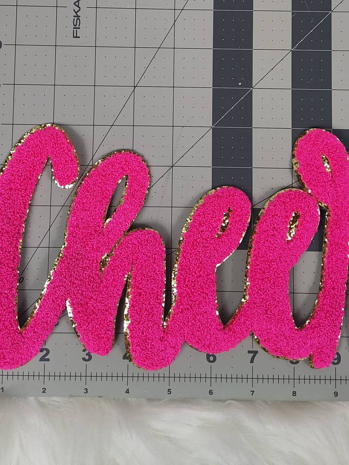 Large Cursive Cheer Chenille Iron-on Patch for wholesale by Scratch Decor