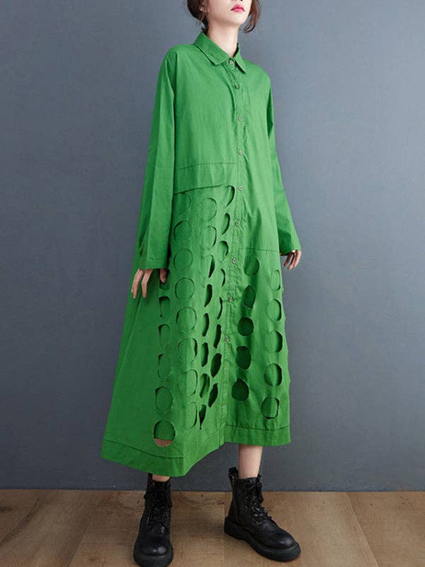 StyleGalX - Vente Robe – femme - Robe midi à manches longues, coupe évasée, col à revers, asymétrique avec pois ajourés unis4