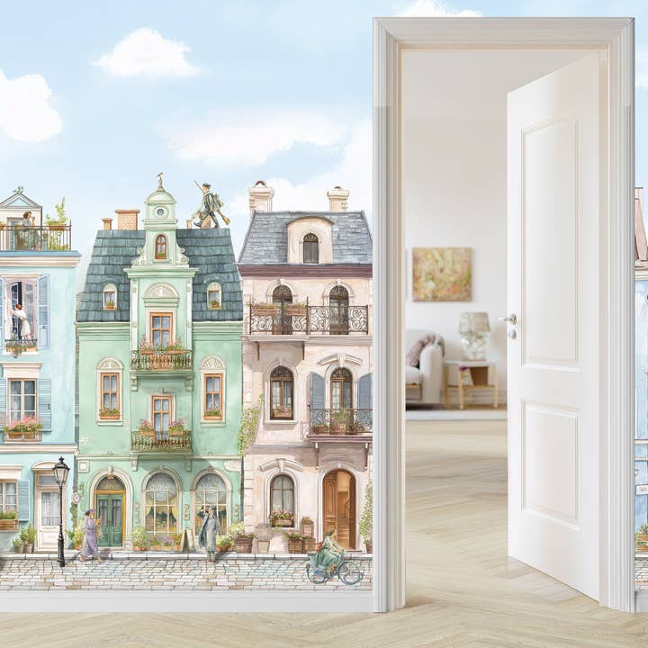 Parisian Street Wallpaper | European Buildings Mural for wholesale by Prime Decor Wallpaper