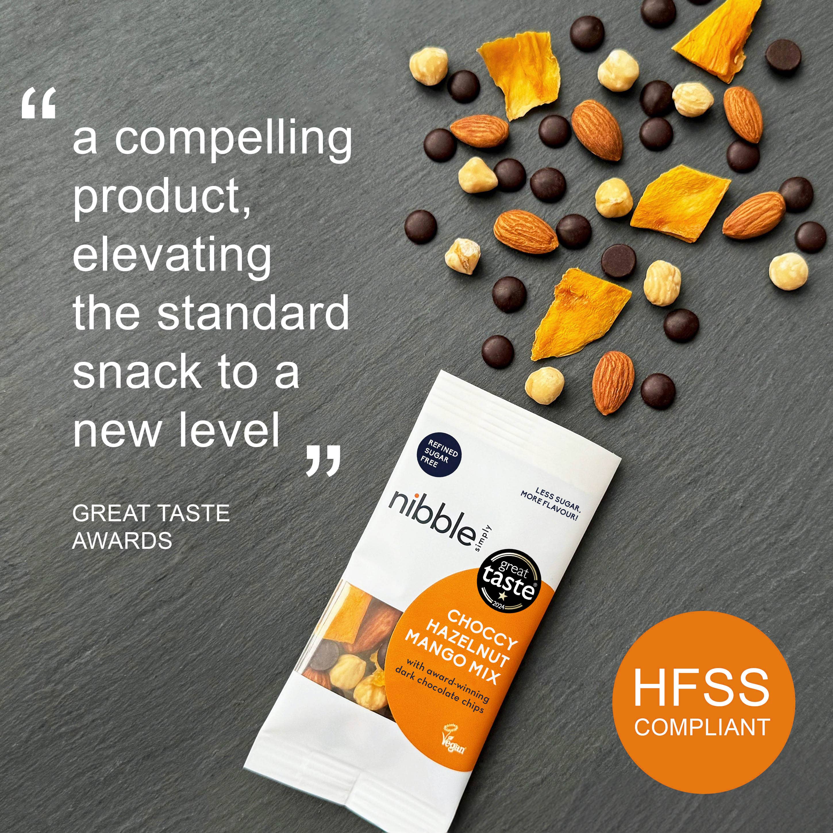 Nibble Simply – wholesale Trail mix – CHOCCY HAZELNUT MANGO MIX, 32g (HFSS-compliant, UPF-free)4