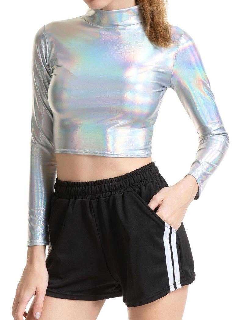 safistyle - Wholesale Blouse - Women's - Shiny Mock Neck Long Sleeve Crop Top1