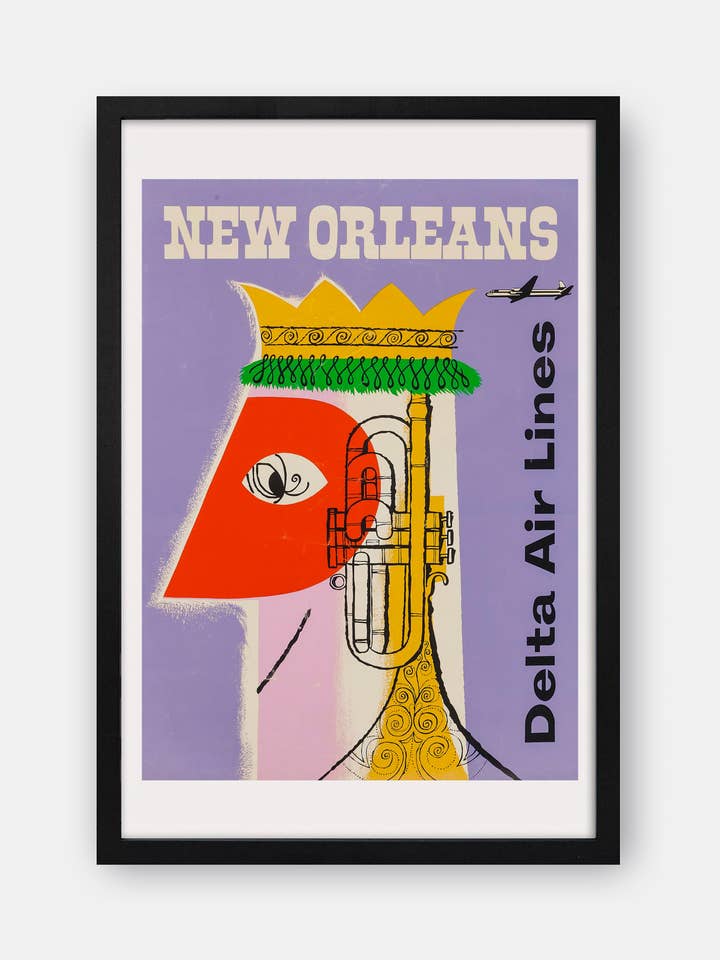 Poster degli anni '50 di Delta Airlines (New Orleans) per la vendita all'ingrosso da parte di The Curious Desk