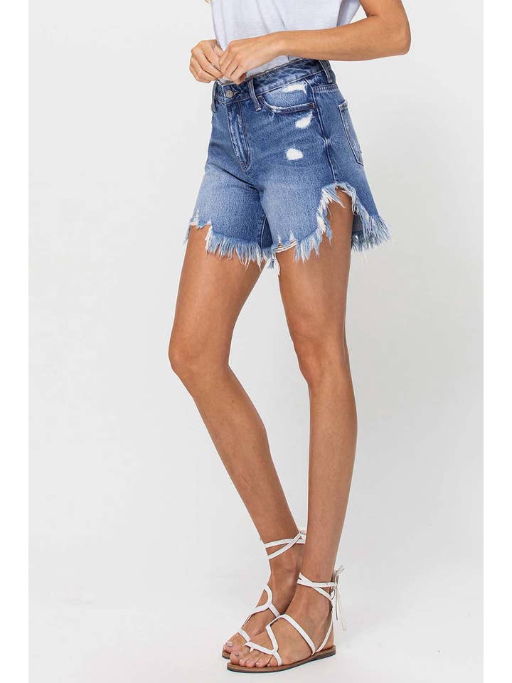 HARMONIOUS HIGH RISE SIDE SLIT FRAYED HEM SHORTS V2769 for wholesale on Faire