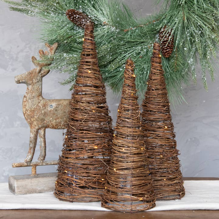 Ragon House - Wholesale Decorative Tabletop Object - SET/ 3 LIGHTED GRAPEVINE CONE TREES