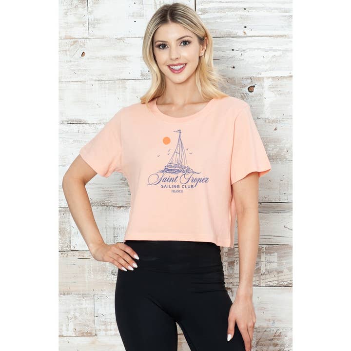 MINEB – wholesale Screen printed t-shirt – Women′s – SAINT TROPEZ SAILING CLUB CROP TEE