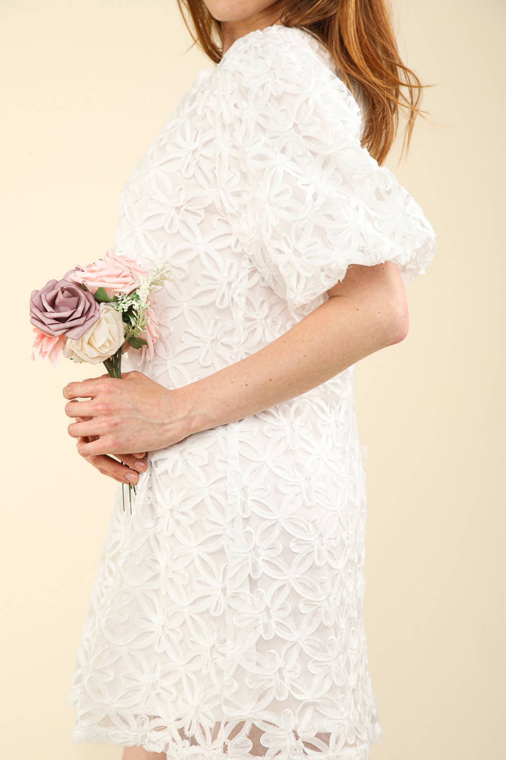 VERY J - Vente Robe – femme - VD33908-3D Mini-robe à manches bouffantes en organza à texture florale8