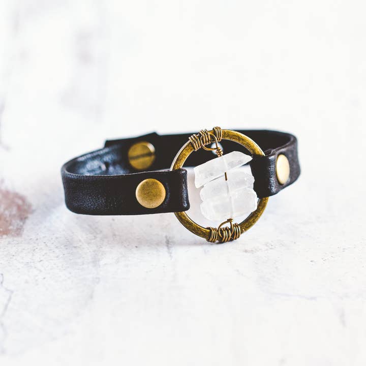 Giving Bracelets - Wholesale Bangle Bracelet - Be the Light Leather Bracelet-Antique Brass-Quartz Crystal7