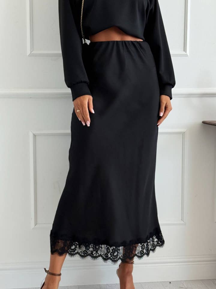 Zabrina Satin Lace Trim Midi Skirt-Black for wholesale by Catwalk Wholesale