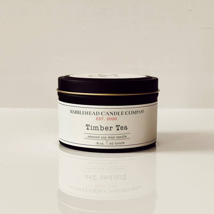 Timber Tea - 8 oz. matte black soy travel tin candle for wholesale by Marblehead Candle Company