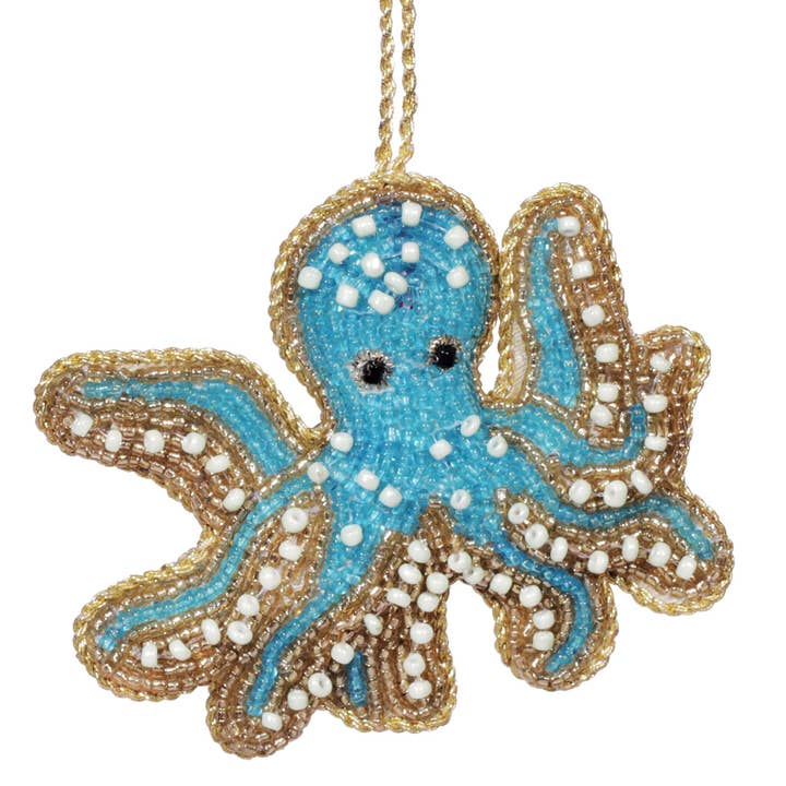 Kralen Blauw & Goud Octopus Hangdecoratie voor wholesale door Cream Cornwall