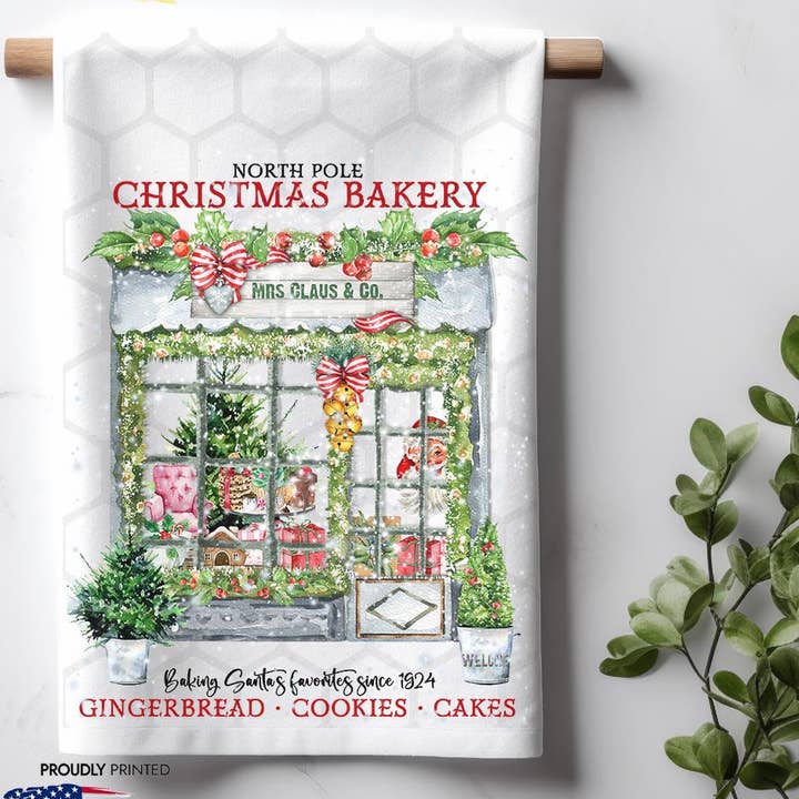 Old Fashion Christmas Bakery Shop Window Kitchen Dish Towel for wholesale by ADDLE iNK