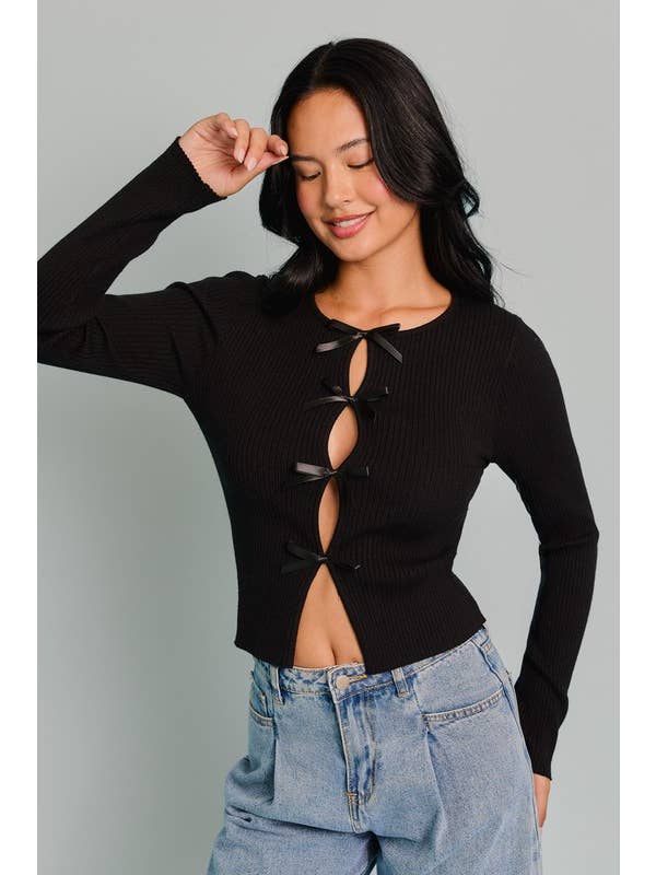 LE LIS - Wholesale Knit Top - Women's - Long Sleeve Satin Bow Detail Sweater Top