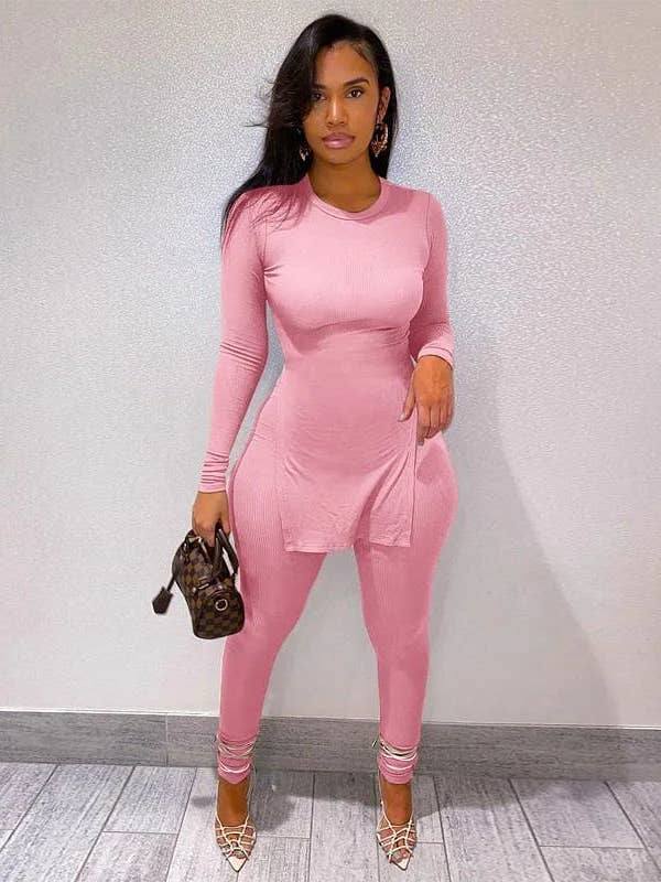 Long Sleeve Top with Slit Yoga Training & Jogger Set for wholesale by Fashion Quality Boutik