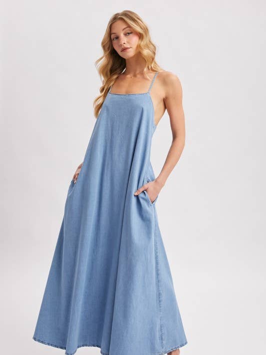 Denim Open Back Sleeveless Maxi Dress for wholesale by Pink Irene Wholesale