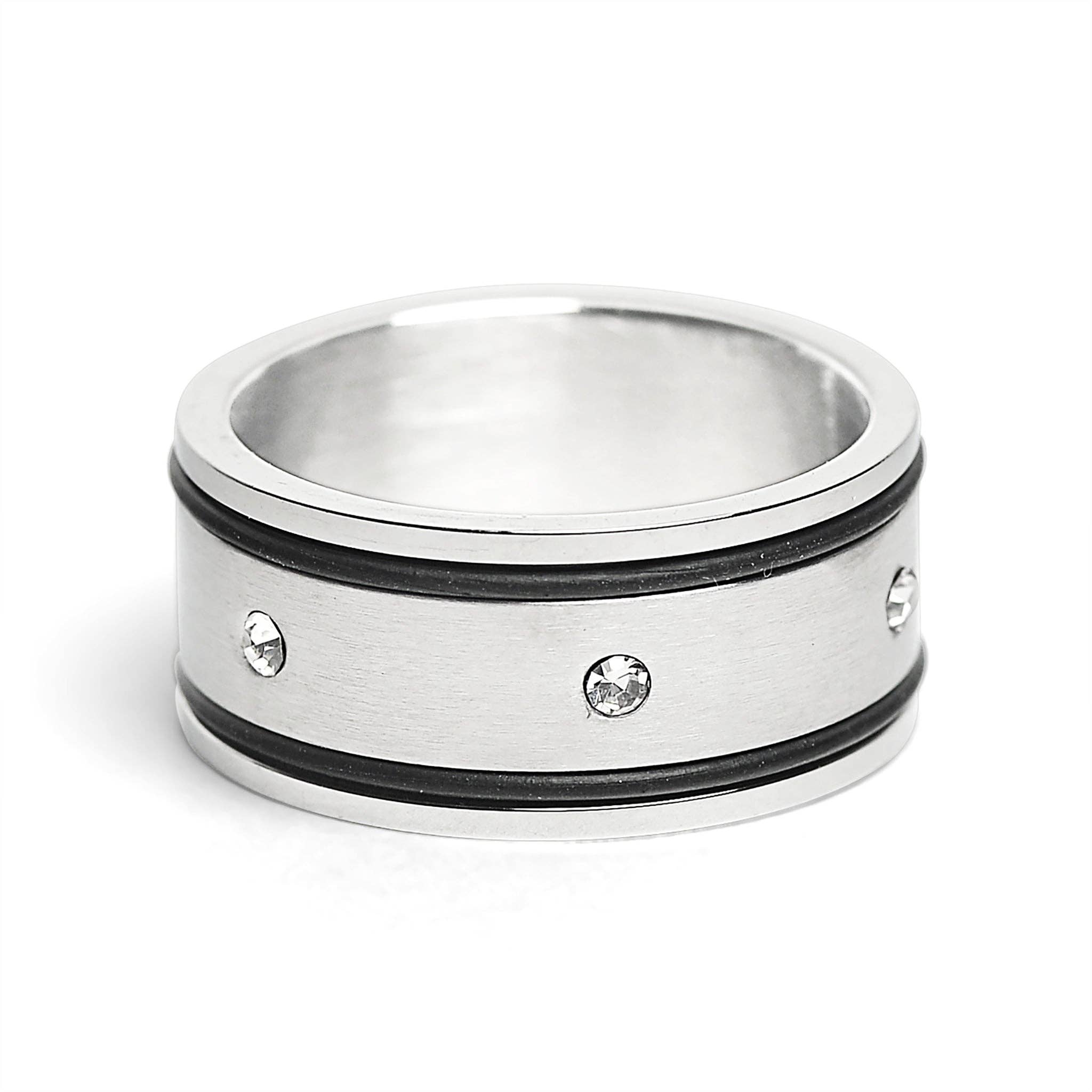 WJW – wholesale Band/stacked ring – CZ Stones With Rubber Accents Highly Polished Stainless Steel Ring1