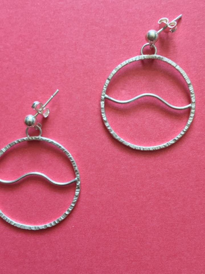 Recycled Sterling Silver Circle Loose Wave Earrings for wholesale by Buoy Oh Buoy Studio