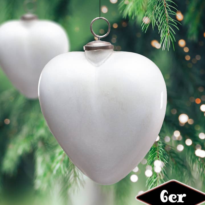 Christmas tree ball set, heart, set of 6 | glass, cream | H17.0Xb15 for wholesale by Antikas