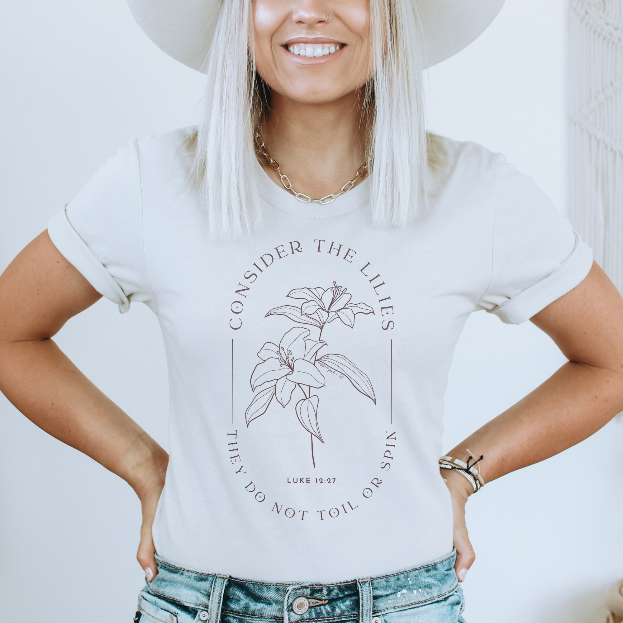 Faith & Life Christian Brands - Wholesale Screen Printed T-Shirt - Women's - Consider The Lilies Mother's Day Christian Graphic Tee2