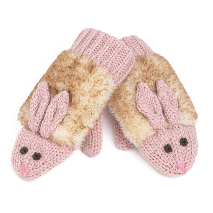 Kids Bunny Rabbit Knit Mittens - Mauve Pink- Girls 3-6, 6-12 for wholesale by Peppercorn Kids