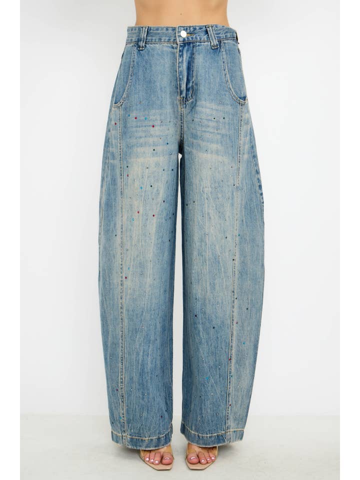 IP3437 Rhinestone Embellishment High Waisted Barrel Jeans for wholesale by KIWI