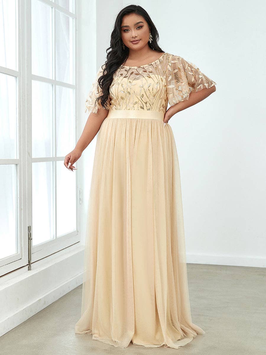 Ever-Pretty - Vente Robe de soirée – femme - Robe de soirée grande taille à imprimé pailleté avec manches courtes volantées6