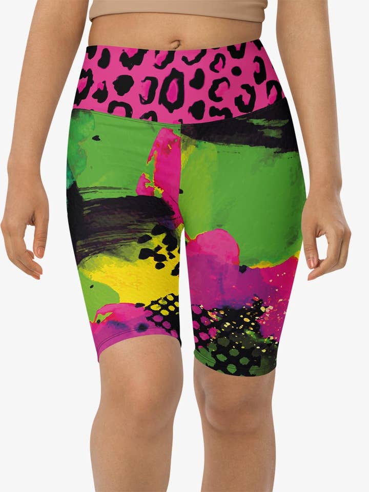 Animal Printed Biker Shorts "Wild Canvas" Green/Pink/Yellow for wholesale by Loony Legs