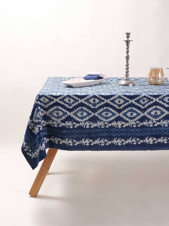 Geometric Print Tablecloth - Indigo Blue Dining Table Cover for wholesale by Artsy Home