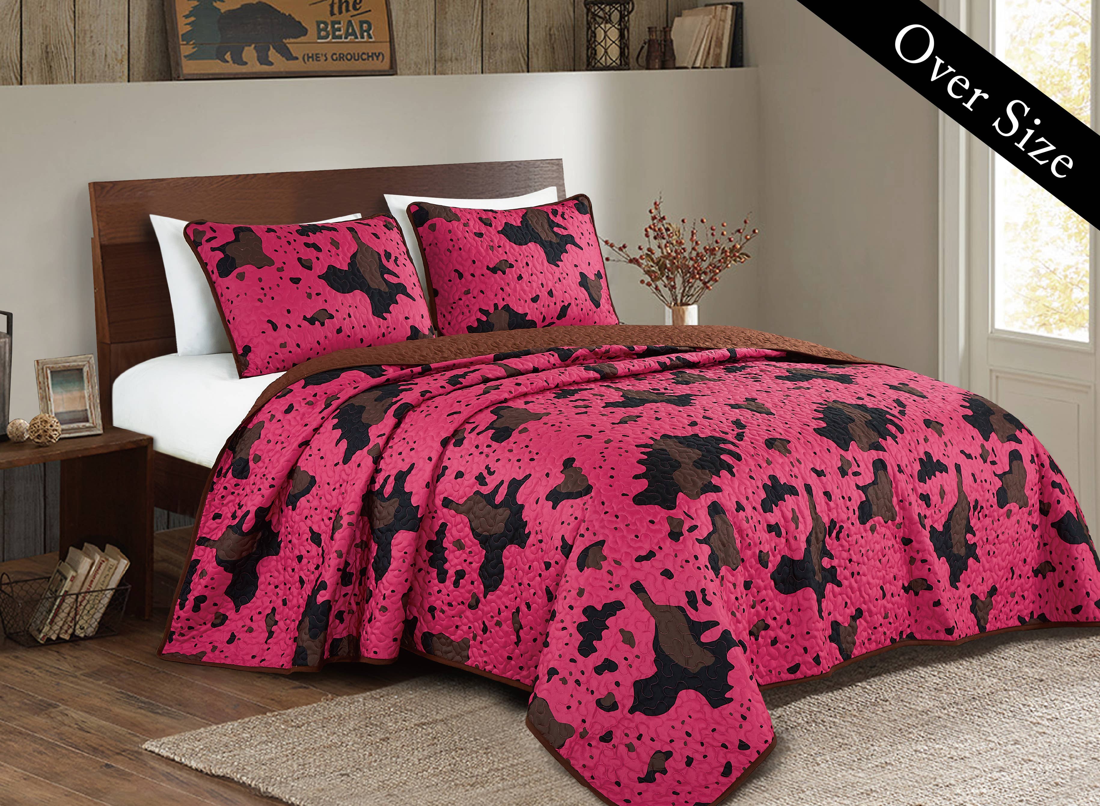 Sunshine Home Textile - Wholesale Bedding Set - Hot Pink Multicolor Cow Print Oversized 3 Piece Bedspread
