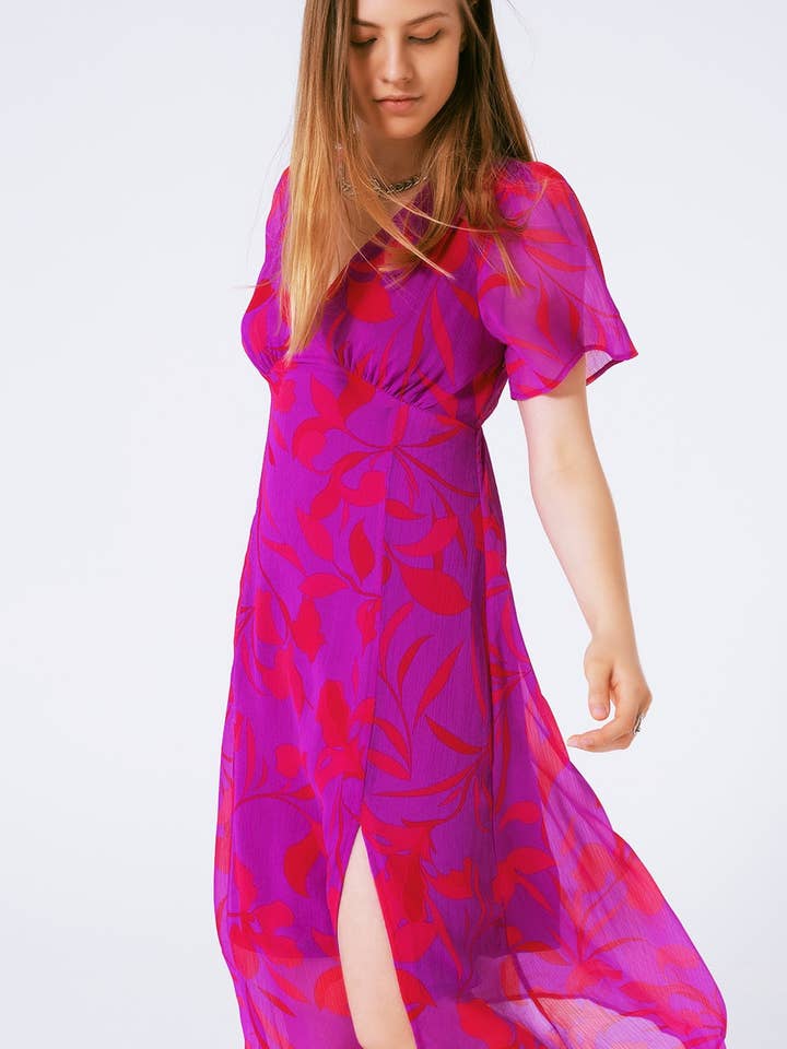 short sleeve V-neck chiffon maxi dress in floral print for wholesale by Q2—All Orders:Free Duties for the US,UK,and Canada