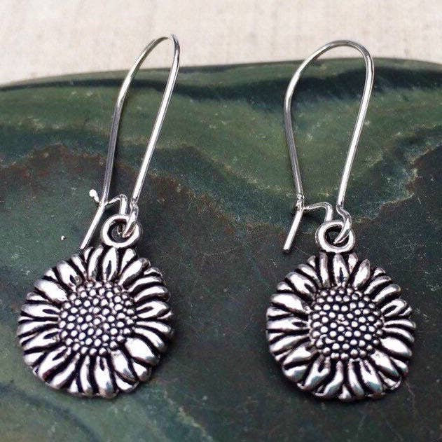 Dainty Silver Sunflower Dangle Earrings Jewelry Gift for wholesale by Tiger Flower Jewelry