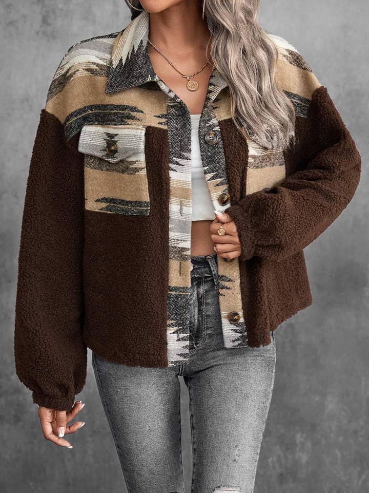 geo print drop shoulder teddy jacket for wholesale by Fashion Combination