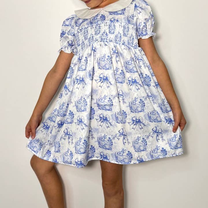 Azul Rabbit Smocked Girls Dress for wholesale by Clover Cottage