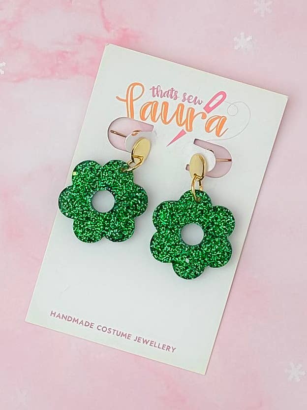 Christmas Flowers - Green glitter Christmas resin earrings for wholesale by ThatsSewLauraUk