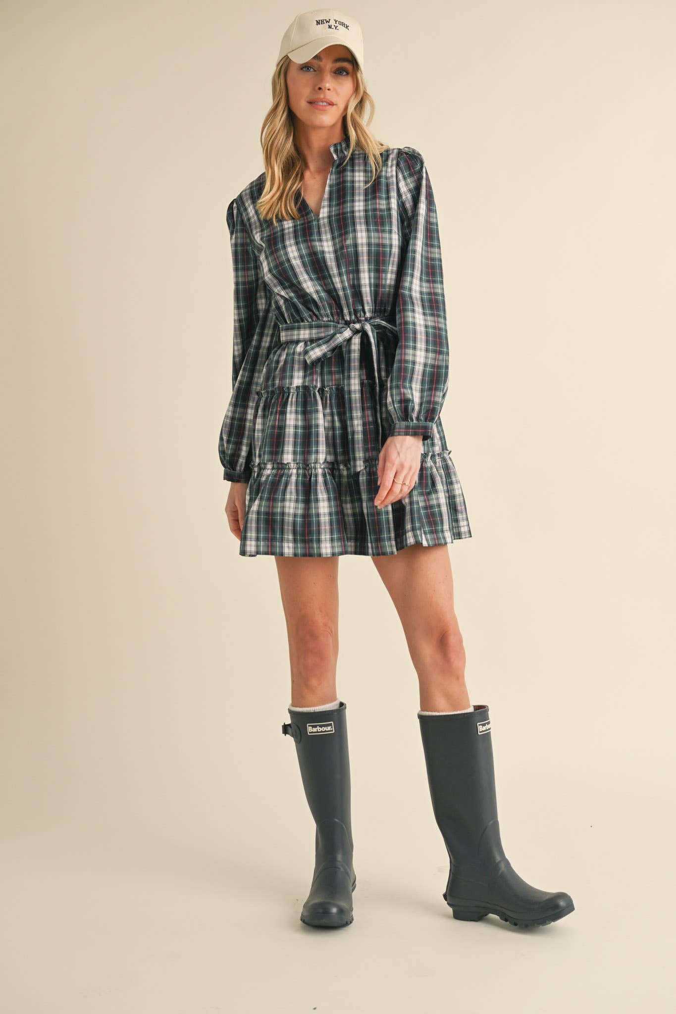 &MERCI - Wholesale Dress - Women's - PLAID MINI DRESS WITH TIERED RUFFLE TRIM MDR35384