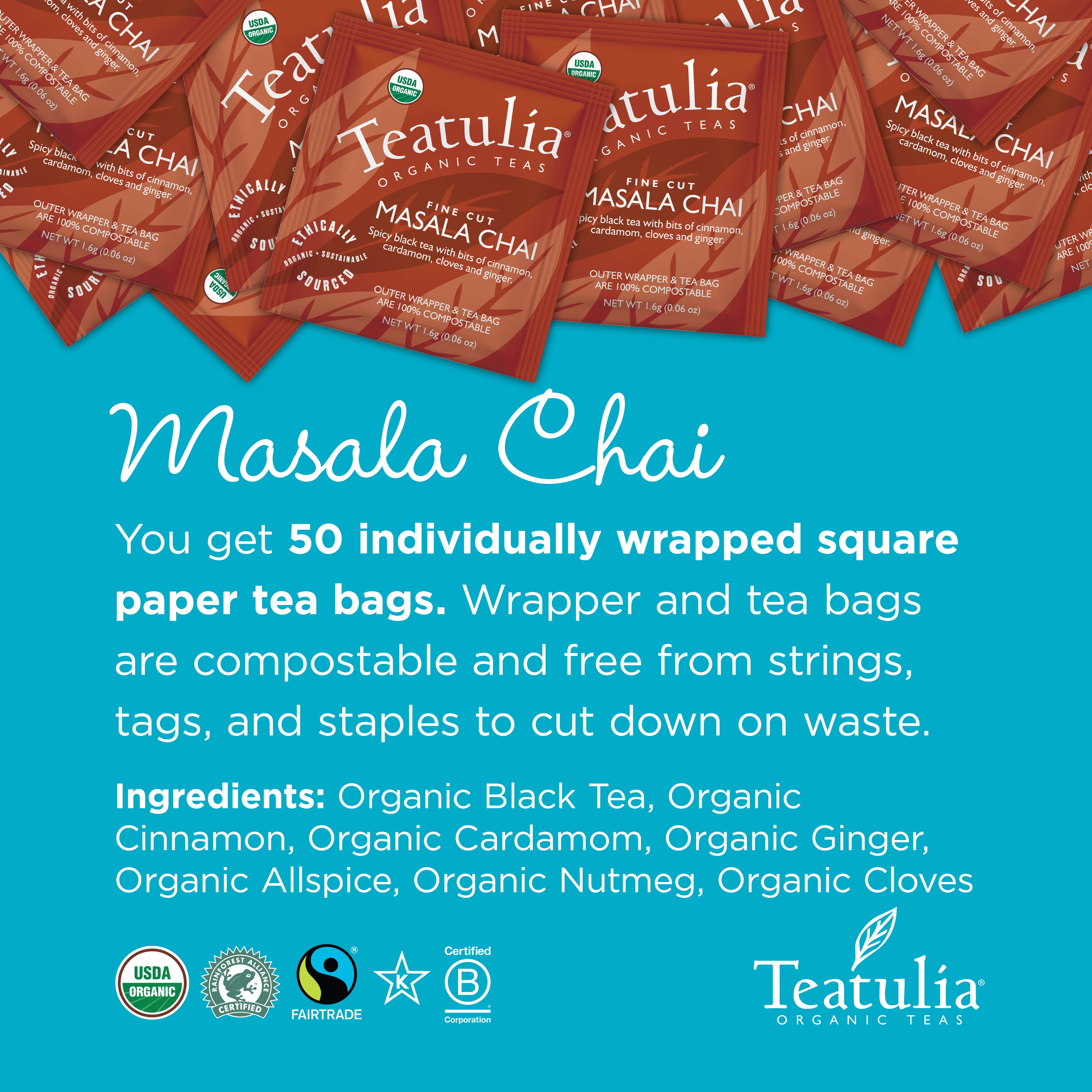 Teatulia Organic Teas - Vente Sachets de thé - Sachets de thé carrés bio emballés Masala Chai2
