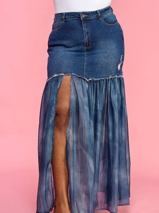 Maxi gonna in denim patchwork plissettato in rete con spacco frontale Plus per la vendita all'ingrosso da parte di Namatt Design