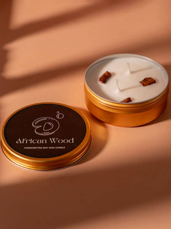 African Wood Tin Candle for wholesale by Danla