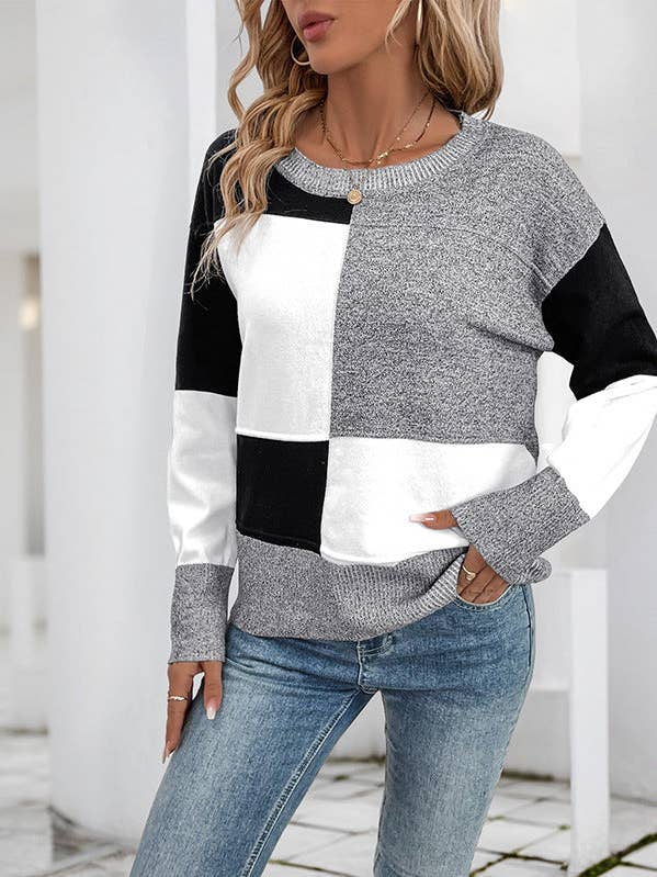 Color Block Patchwork Loose Fit Long Sleeve Knit Sweater for wholesale by Lovesoft