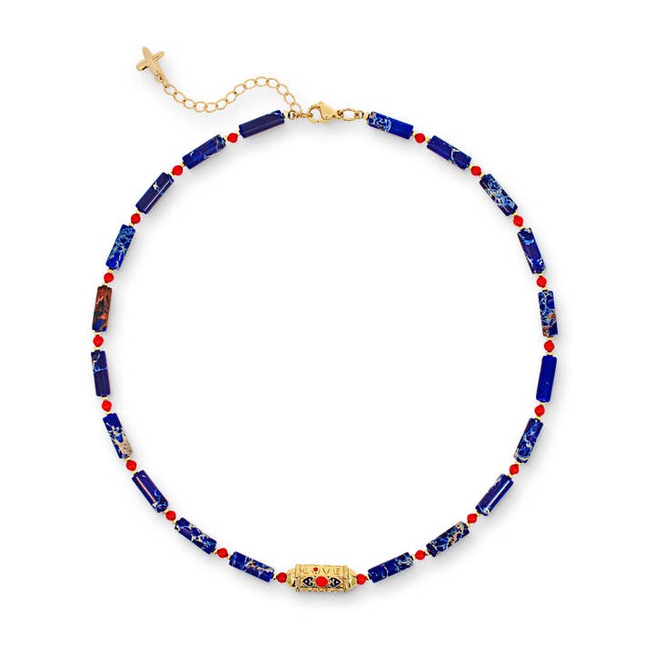 Blue & Red Natural Stone Beaded Charm Necklace for wholesale by XUXA