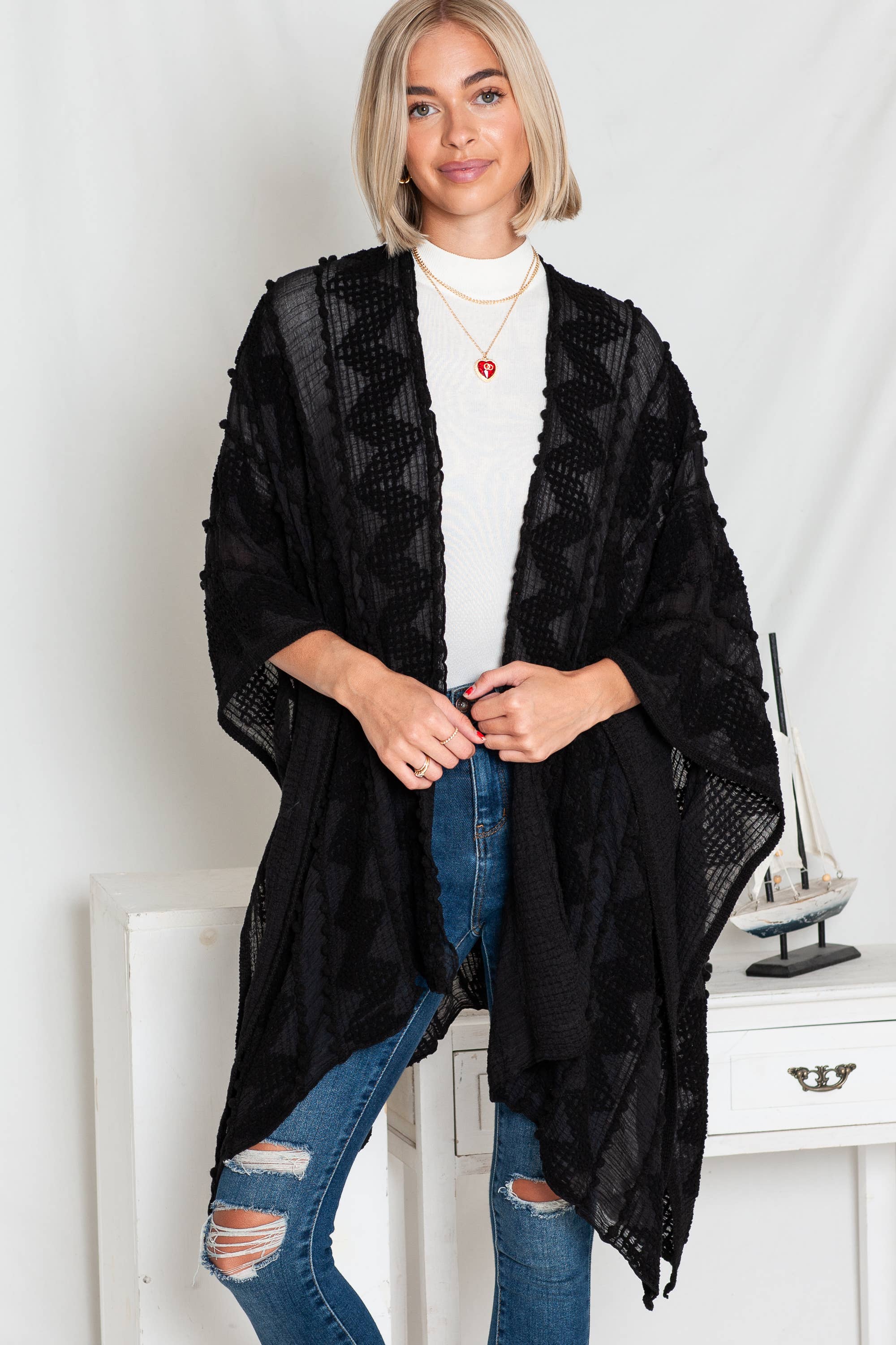 Justin & Taylor - Wholesale Kimono - Women's - Puffer-Up | Soft Textured Cover-Up Kimono With Pom Detail24