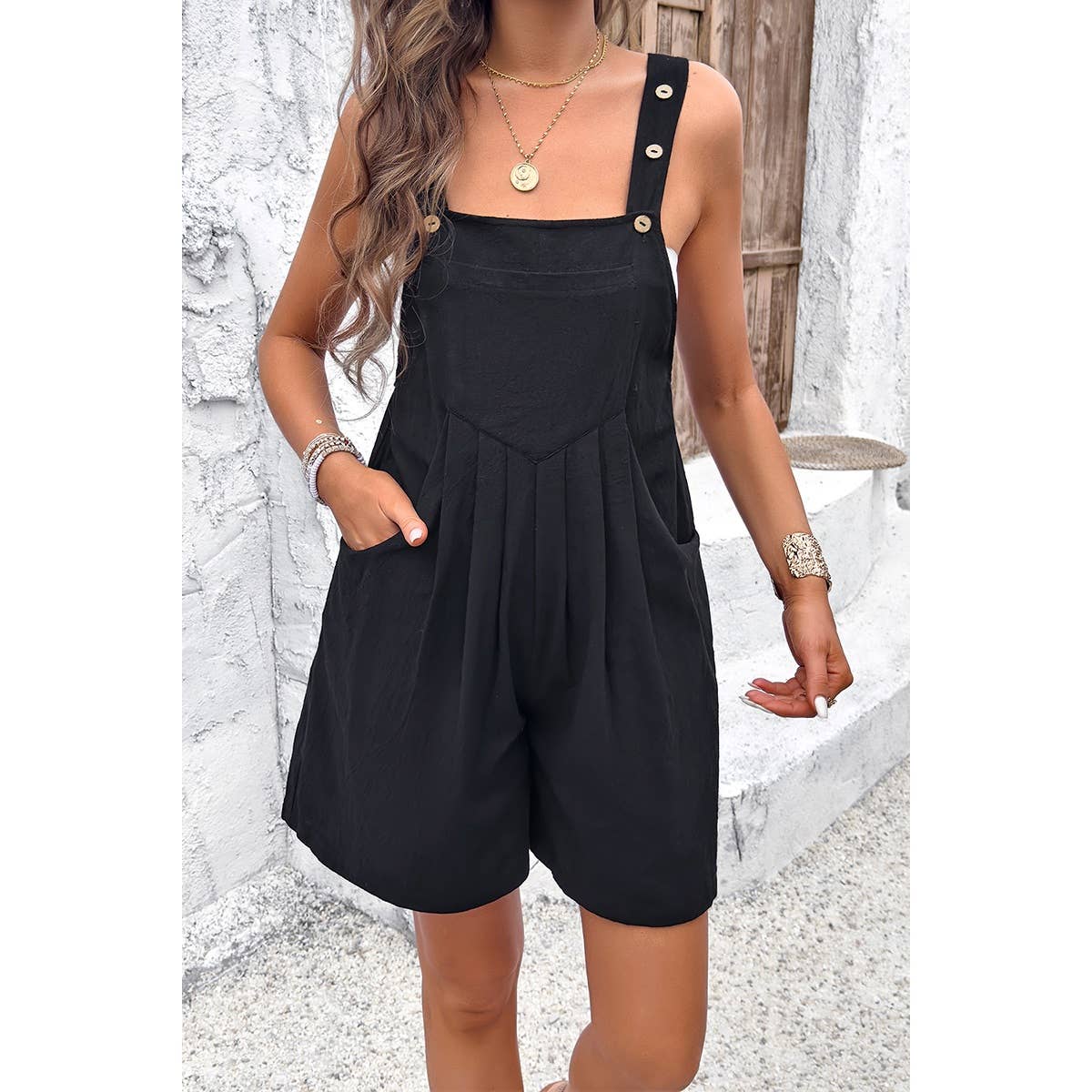 Supreme Fashion - Wholesale Romper - Women's - Square Neck Pockets Button Tirm Ruched Romper1