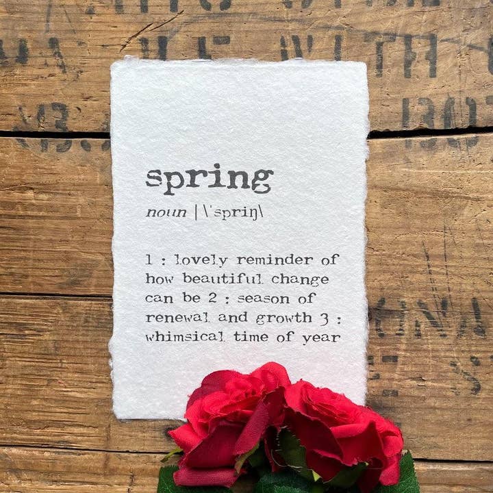 spring definition print in typewriter font on handmade paper for wholesale by Alison Rose Vintage