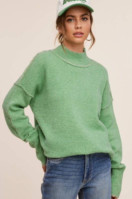 La Miel - Wholesale Knit Sweater - Women's - MCS3566-Loose Fit Mock Neck Exposed Seaming Detailed Sweater10