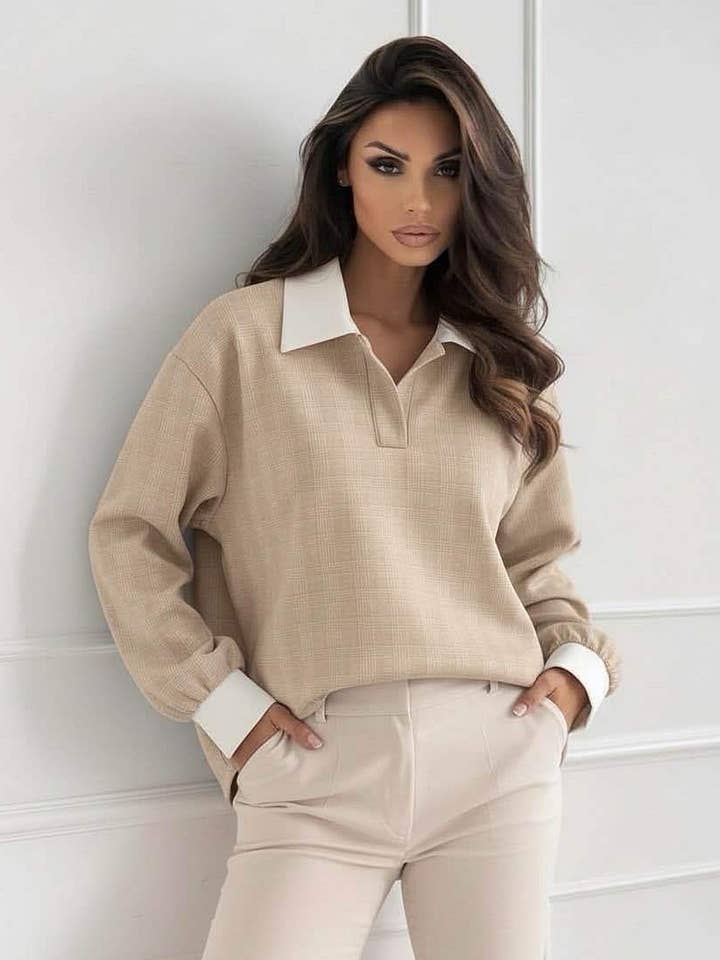 Orelia Oversized Contrast Check Blouse Top-Stone for wholesale by Catwalk Wholesale