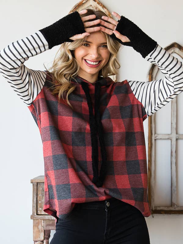 Plaid Faux Fur Thumbhole Cuff Drawstring Hoodie T4897 for wholesale by 7th Ray