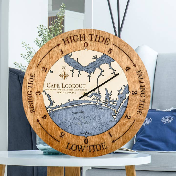 Cape Lookout Tide Clock Nautical Wood Map - 2 Sizes for wholesale by Sea & Soul Nautical Chart Art
